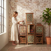 KB ART Modular Stacked Cube Nightstand with Carved Doors, Distressed Teal Solid Reclaimed Wood from Jodhpur Rajasthan – Handcrafted Boho Jodhpur Home Decor