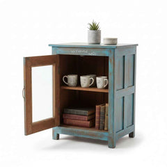 KB ART Distressed Blue Glass-Panel Door Nightstand with Open Shelving Handcrafted Solid Reclaimed Wood from Jodhpur Rajasthan – Handcrafted Boho Jodhpur Home Decor