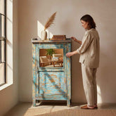KB ART Heavily Distressed Teal Mirror-Door Nightstand – Handcrafted Boho Mirror-Door Nightstand for Home Decor Styling