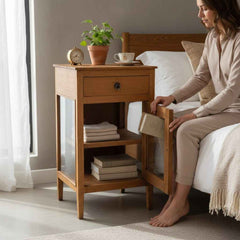 KB ART Warm Oak-Tone Nightstand with Drawer and Glass Door – Handcrafted Boho Jodhpur Home Decor