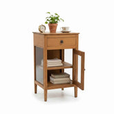 KB ART Warm Oak-Tone Nightstand with Drawer and Glass Door – Handcrafted Boho Jodhpur Home Decor