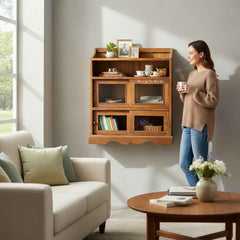 KB ART Wall-Mount Heritage Hutch with Glass and Sliding Doors – Handcrafted Boho Jodhpur Home Decor