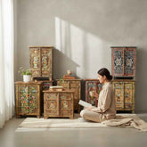 KB ART Hand-Painted Folk Art Double Door Cabinet, Floral Motif – Handcrafted Boho Jodhpur Home Decor