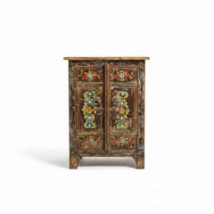 KB ART Hand-Painted Folk Art Double Door Cabinet, Floral Motif – Handcrafted Boho Jodhpur Home Decor