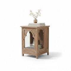 KB ART Whitewashed Arched Glass-Door Display Cabinet – Handcrafted Reclaimed & Mixed Solid Wood Jodhpur Rajasthani Decor – Handcrafted Boho Jodhpur Home Decor