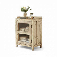 KB ART Whitewashed Compact Glass-Door Bedside Cabinet – Handcrafted Reclaimed & Mixed Solid Wood Jodhpur Rajasthani Decor – Handcrafted Boho Jodhpur Home Decor