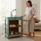 KB ART Boho Distressed Teal Cabinet with Mirrored Side Panels – Handcrafted Boho Jodhpur Home Decor