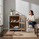 KB ART Coastal Open-Shelf Nightstand with Glass Door, Distressed Teal – Handcrafted Boho Jodhpur Home Decor