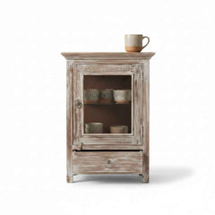 KB ART Whitewashed Crown-Top Glass Door Nightstand with Drawer – Handcrafted Boho Jodhpur Home Decor