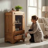 KB ART Natural Wood Glass Door Cabinet with Drawer, Scalloped Apron – Handcrafted Boho Jodhpur Home Decor