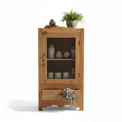 KB ART Natural Wood Glass Door Cabinet with Drawer, Scalloped Apron – Handcrafted Boho Jodhpur Home Decor