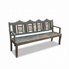 KB ART KB ART Antique Carved Wooden Bench with Floral Ceramic Tile Inlay Solid Reclaimed Wood from Jodhpur Rajasthan – Handcrafted Boho Jodhpur Home Decor