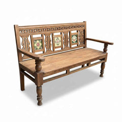 KB ART Antique Carved Wooden Bench with Ceramic Tile Panels – Handcrafted Rajasthani Jodhpur Home Decor