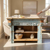 KB ART KB ART Distressed Blue Carved Wooden Console Table – Handcrafted Premium Solid Wood Jodhpur Rajasthani Decor – Handcrafted Boho Jodhpur Home Decor