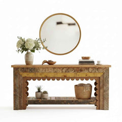 KB ART KB ART Scalloped Carved Wooden Entryway Table Console – Handcrafted Premium Solid Wood Jodhpur Rajasthani Decor – Handcrafted Boho Jodhpur Home Decor