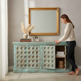 KB ART KB ART Distressed Turquoise Carved Grid Sideboard Cabinet – Handcrafted Premium Solid Wood Jodhpur Rajasthani Decor – Handcrafted Boho Jodhpur Home Decor