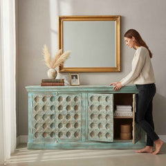KB ART KB ART Distressed Turquoise Carved Grid Sideboard Cabinet – Handcrafted Premium Solid Wood Jodhpur Rajasthani Decor – Handcrafted Boho Jodhpur Home Decor