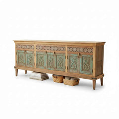 KB ART KB ART Large Teal Carved Door Wooden Sideboard – Handcrafted Premium Solid Wood Jodhpur Rajasthani Decor – Handcrafted Boho Jodhpur Home Decor