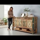 KB ART KB ART Sunburst Carved Wooden Credenza Bottom Shelf – Handcrafted Premium Solid Wood Jodhpur Rajasthani Decor – Handcrafted Boho Jodhpur Home Decor
