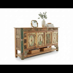 KB ART KB ART Sunburst Carved Wooden Credenza Bottom Shelf – Handcrafted Premium Solid Wood Jodhpur Rajasthani Decor – Handcrafted Boho Jodhpur Home Decor