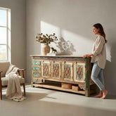KB ART KB ART Diamond Carved Wooden Sideboard Drawers Shelf – Handcrafted Premium Solid Wood Jodhpur Rajasthani Decor – Handcrafted Boho Jodhpur Home Decor