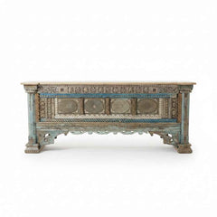 KB ART KB ART Traditional Sunburst Carved Blue Architectural Console – Handcrafted Premium Solid Wood Jodhpur Rajasthani Decor – Handcrafted Boho Jodhpur Home Decor