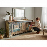 KB ART KB ART Distressed Blue Patchwork Carved Wooden Credenza – Handcrafted Premium Solid Wood Jodhpur Rajasthani Decor – Handcrafted Boho Jodhpur Home Decor