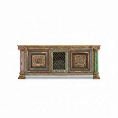 KB ART KB ART Boho Mosaic Carved Pillar Wooden Credenza – Handcrafted Premium Solid Wood Jodhpur Rajasthani Decor – Handcrafted Boho Jodhpur Home Decor