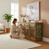 KB ART KB ART Traditional Hand Painted Indian Folk Art Sideboard – Handcrafted Premium Solid Wood Jodhpur Rajasthani Decor – Handcrafted Boho Jodhpur Home Decor
