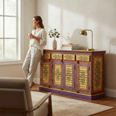 KB ART KB ART Hand Painted Floral Pichwai Purple Sideboard – Handcrafted Premium Solid Wood Jodhpur Rajasthani Decor – Handcrafted Boho Jodhpur Home Decor