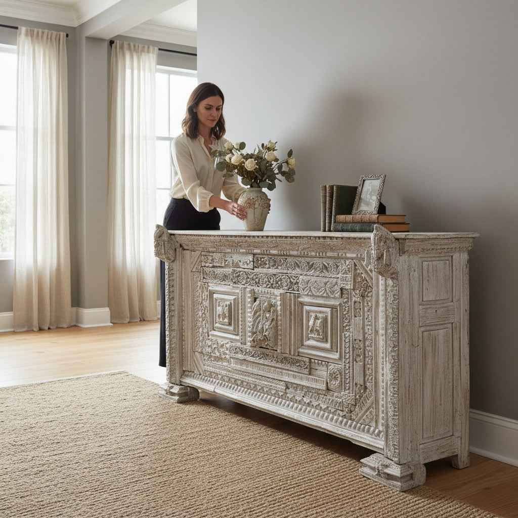 KB ART KB ART Whitewashed Carved Wooden Credenza – Handcrafted Premium Solid Wood Jodhpur Rajasthani Decor – Handcrafted Boho Jodhpur Home Decor