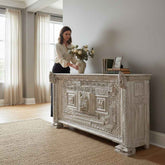 KB ART KB ART Whitewashed Carved Wooden Credenza – Handcrafted Premium Solid Wood Jodhpur Rajasthani Decor – Handcrafted Boho Jodhpur Home Decor