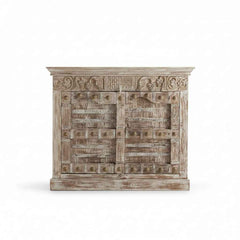 KB ART KB ART Whitewashed Brass Studded Indian Door Sideboard – Handcrafted Solid Wood with Brass Accents Jodhpur Rajasthani Decor – Handcrafted Boho Jodhpur Home Decor