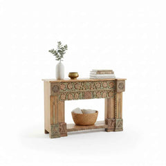 KB ART KB ART Pastel Floral Carved Wooden Fireplace Mantel – Handcrafted Premium Solid Wood Jodhpur Rajasthani Decor – Handcrafted Boho Jodhpur Home Decor