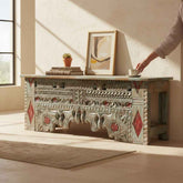 KB ART KB ART Distressed Teal Carved Arch Bench TV Console – Handcrafted Premium Solid Wood Jodhpur Rajasthani Decor – Handcrafted Boho Jodhpur Home Decor