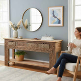 KB ART Hand Carved Solid Wood 4 Drawer Console Table – Handcrafted Rajasthani Jodhpur Home Decor
