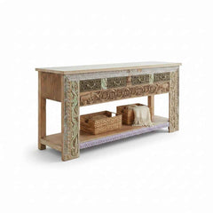 KB ART KB ART Carved Motif Wooden TV Console Table – Handcrafted Premium Solid Wood Jodhpur Rajasthani Decor – Handcrafted Boho Jodhpur Home Decor