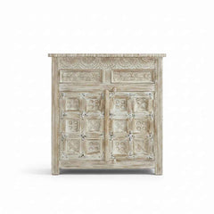 KB ART KB ART Whitewashed Carved Grid Door Accent Cabinet – Handcrafted Premium Solid Wood Jodhpur Rajasthani Decor – Handcrafted Boho Jodhpur Home Decor