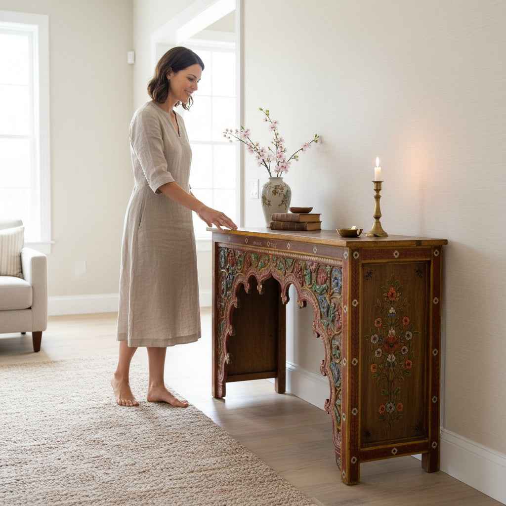 KB ART KB ART Hand Painted Floral Jharokha Arch Console – Handcrafted Premium Solid Wood Jodhpur Rajasthani Decor – Handcrafted Boho Jodhpur Home Decor