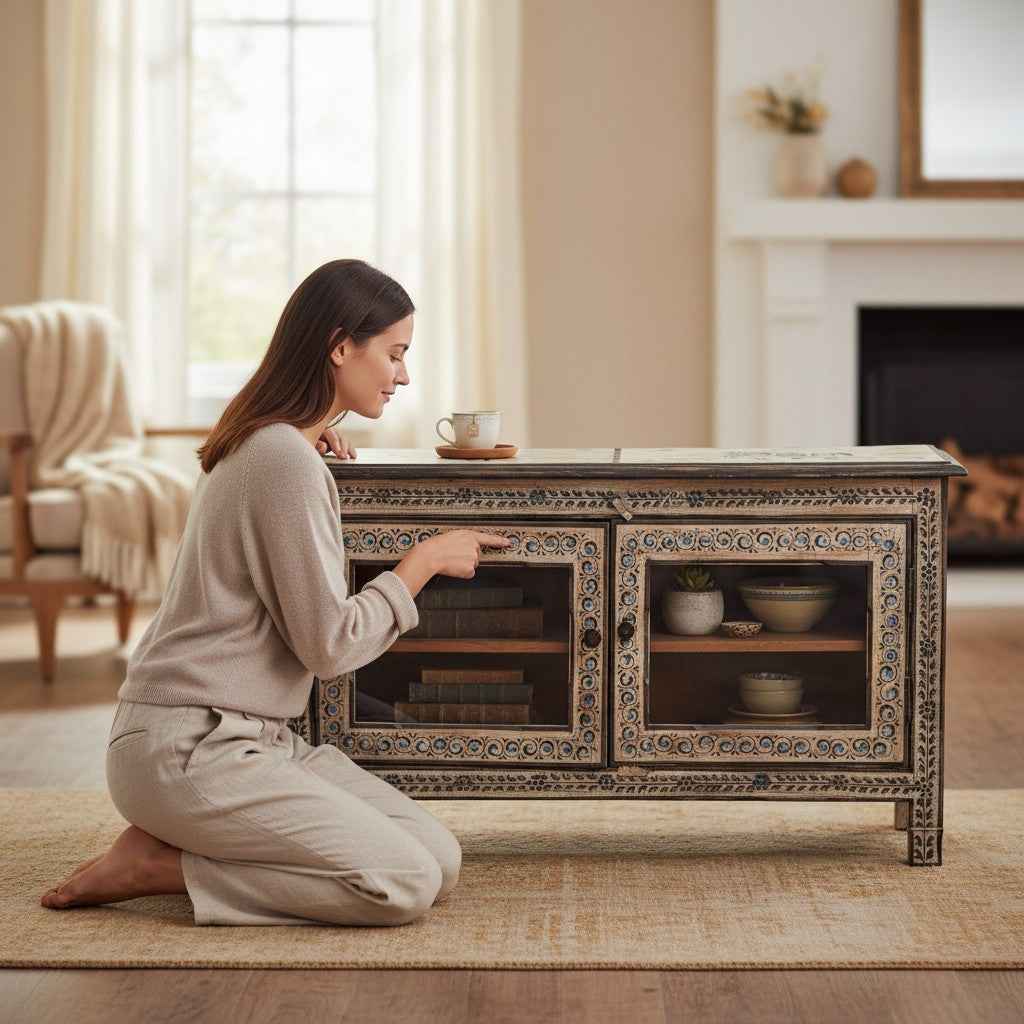 KB ART KB ART Hand Painted Floral Glass Door Accent Cabinet – Handcrafted Premium Solid Wood Jodhpur Rajasthani Decor – Handcrafted Boho Jodhpur Home Decor