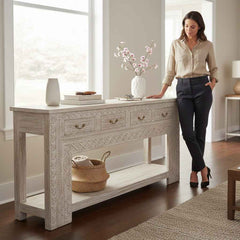 KB ART Whitewashed Carved 4 Drawer Console Table – Handcrafted Rajasthani Console Table for Home Decor Styling