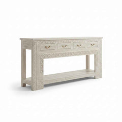 KB ART Whitewashed Carved 4 Drawer Console Table – Handcrafted Rajasthani Console Table for Home Decor Styling