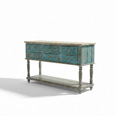 KB ART KB ART Distressed Teal Multi Drawer Console Table – Handcrafted Premium Solid Wood Jodhpur Rajasthani Decor – Handcrafted Boho Jodhpur Home Decor