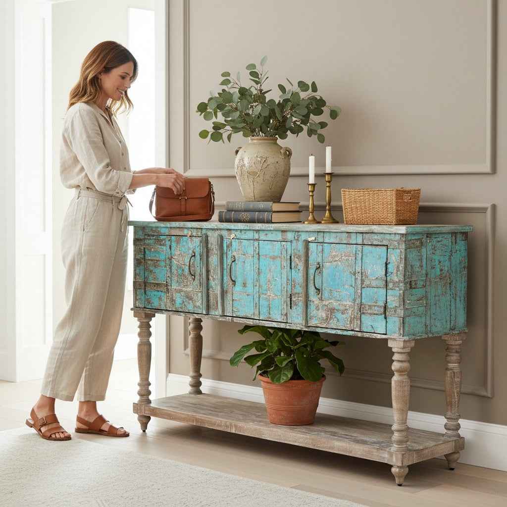 KB ART KB ART Patina Blue Wooden Door Console Table – Handcrafted Premium Solid Wood Jodhpur Rajasthani Decor – Handcrafted Boho Jodhpur Home Decor