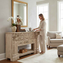 KB ART KB ART Ornate Carved Whitewashed Fireplace Mantel TV Console – Handcrafted Premium Solid Wood Jodhpur Rajasthani Decor – Handcrafted Boho Jodhpur Home Decor