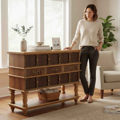 KB ART KB ART Brass Studded Wooden Cabinet Carved Drawers – Handcrafted Solid Wood with Brass Accents Jodhpur Rajasthani Decor – Handcrafted Boho Jodhpur Home Decor