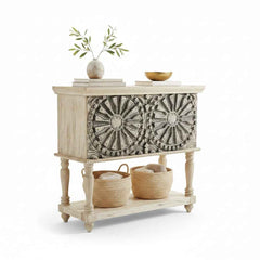KB ART KB ART Whitewashed Chakra Rosette Carved Console Table – Handcrafted Premium Solid Wood Jodhpur Rajasthani Decor – Handcrafted Boho Jodhpur Home Decor