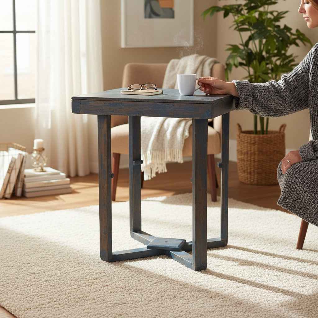 KB ART KB ART Distressed Blue Wooden Square Side Table – Handcrafted Premium Solid Wood Jodhpur Rajasthani Decor – Handcrafted Boho Jodhpur Home Decor