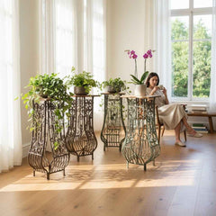 KB ART KB ART Wrought Iron Scrollwork Pedestal Plant Stands – Handcrafted Wood & Wrought Iron Jodhpur Rajasthani Decor – Handcrafted Boho Jodhpur Home Decor