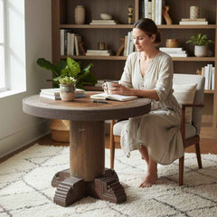 KB ART KB ART Rustic Round Wooden Pedestal Accent Table – Handcrafted Premium Solid Wood Jodhpur Rajasthani Decor – Handcrafted Boho Jodhpur Home Decor